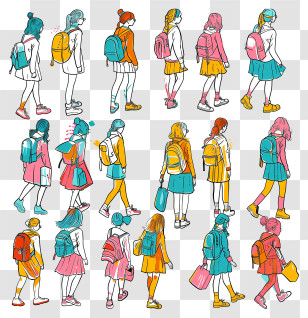 Schoolgirl Collage - Colorful School Girls Illustration Transparent PNG