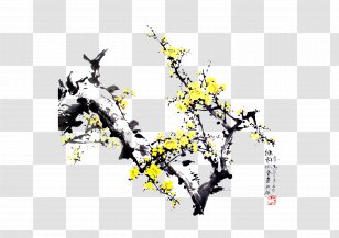 Ochna Integerrima Lunar New Year Ink Wash Painting - Plum Flower Transparent PNG