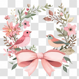 Love Birds - Pink Birds Surrounded By Floral Wreath With Ribbon Bow Transparent PNG