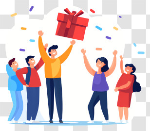 Birthday Party - Cartoon Group Celebrating With A Red Gift Box Transparent PNG