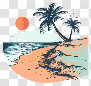 Beach Shore - Tropical Beach And Palm Tree Sunset Scene Transparent PNG