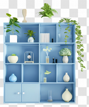 Cabinets - Blue Shelf With Plants And Decor Transparent PNG