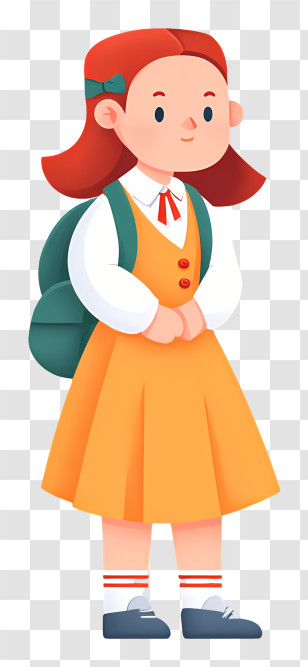 Schoolgirl Going To School - Girl With Orange Dress In Cartoon Style Transparent PNG