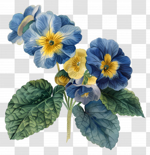 Vintage Flowers - Blue And Yellow Pansies With Leafy Accents Transparent PNG