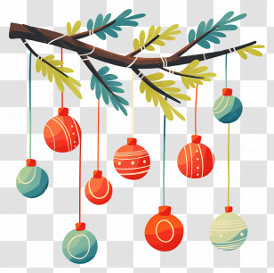 Christmas Balls On A Branch - Hanging Christmas Ornaments On A Tree Branch Transparent PNG
