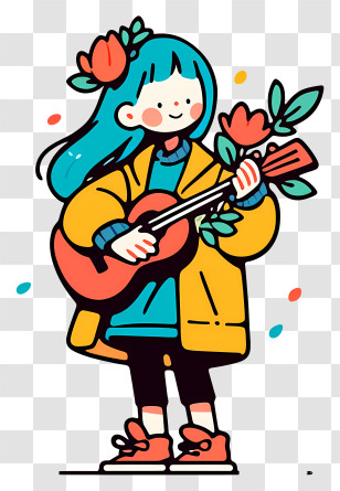 Kawaii Girl Playing A Ukulele - Cute Blue-haired Girl Playing Guitar Transparent PNG
