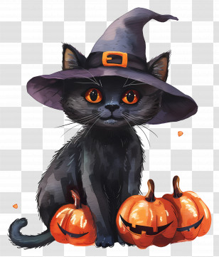 Cute Halloween Cat - Black Cat With Witch Hat And Pumpkins For Halloween Transparent PNG