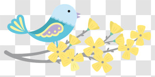 Blue Bird - Blue Bird On A Branch With Yellow Flowers Transparent PNG