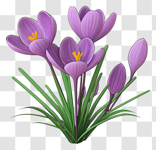 Purple Crocuses - Cluster Of Purple Crocus Flowers With Green Stems Transparent PNG