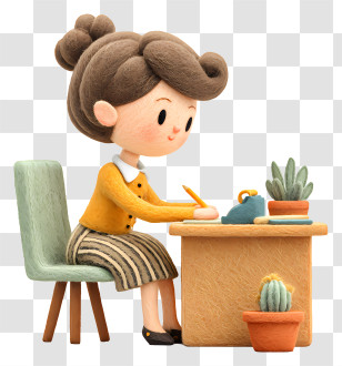 Girl Working At Desk - Cartoon Woman Writing At Desk Transparent PNG