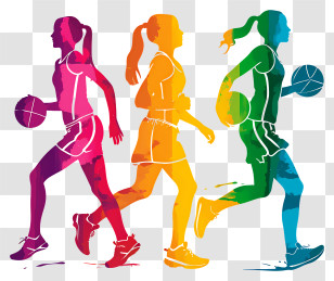 Girls And Women In Sports - Rainbow Silhouette Of Basketball Players In Action Transparent PNG