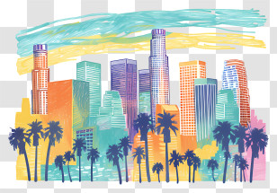 Los Angeles - Vibrant Colorful Cityscape With Palm Trees Transparent PNG