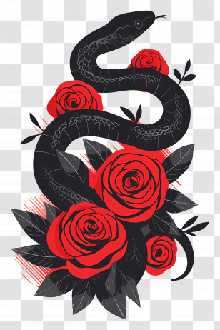 Sleeve Tattoo - Black Snake With Red Roses Illustration Transparent PNG