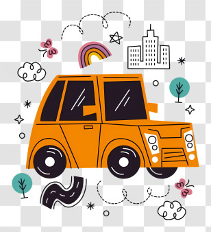 Car - Orange Car In A Cartoon City Transparent PNG