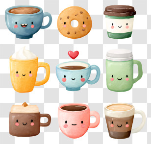 Coffee Break - Cute Coffee Cups And Donut Transparent PNG