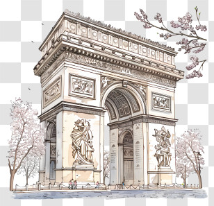 Arc De Triomphe - Arc De Triomphe Sketch With Cherry Blossoms Transparent PNG