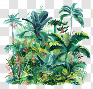 Tropical Rainforest - Illustrated Tropical Forest With Lush Greenery Transparent PNG