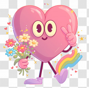 Cartoon Heart Holding Flowers - Heart Character With Flowers Transparent PNG