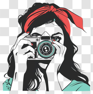 Taking Photos - Stylish Girl Illustration With Retro Camera And Fashionable Look Transparent PNG