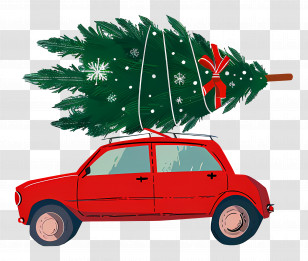 Christmas Tree On Car - Red Car Carrying A Christmas Tree Transparent PNG