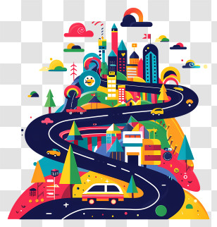 Cartoon Road - Vibrant Cityscape With Winding Road And Buildings Transparent PNG