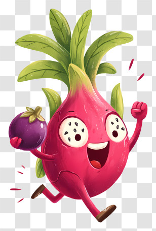 Cute Cartoon Dragon Fruit - Happy Pink Fruit Character With Leafy Top Transparent PNG