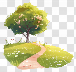Country Road - Blooming Tree With Flowers And Grass Transparent PNG