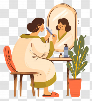 Woman Brushing Hair - Woman Brushing Hair At Vanity Transparent PNG