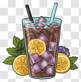 Cocktails - Iced Tea With Lemon And Purple Ice Cubes Illustration Transparent PNG