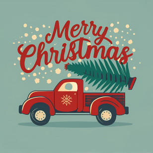 Merry Christmas - Red Truck With Christmas Tree Illustration Transparent PNG