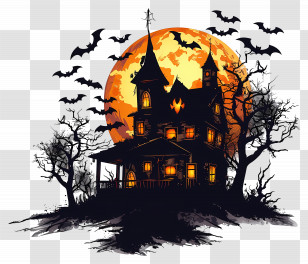 Haunted Castle - Halloween Haunted House Under Full Moon Transparent PNG