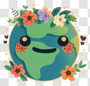 Cute Earth - Happy Cartoon Earth With Flowers Around Transparent PNG
