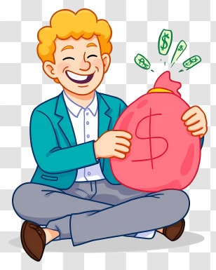 Businessman Holding Big Money Bag - Happy Man With Money Bag Cartoon Transparent PNG
