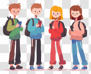Group Of People - Cartoon Teenagers Engaged On Phones Transparent PNG