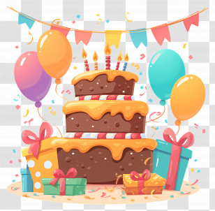 Birthday Cake - Festive Birthday Cake With Balloons And Gifts Transparent PNG