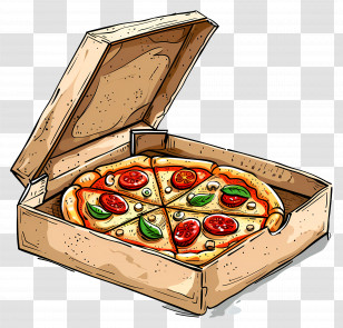 Pizza In An Open Box With Tasty Toppings - Savory Pizza With Toppings In Takeout Box Transparent PNG