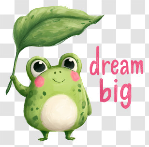 Frog Dream Big - Cute Frog With Leaf And Dream Big Text Transparent PNG