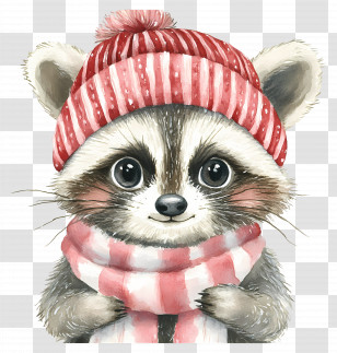 Christmas Raccoon - Cozy Raccoon In Red Knit Hat And Scarf Transparent PNG