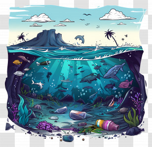 Underwater Scene - Underwater Marine Life With Pollution Illustration Transparent PNG