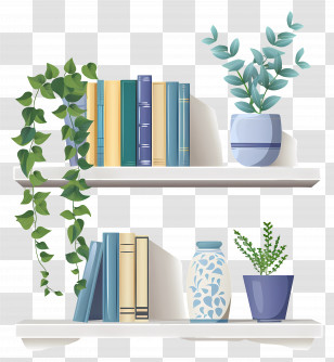 Bookshelf - Books And Indoor Potted Plants On Shelf Transparent PNG