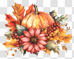 Happy Thanksgiving - Autumn Pumpkin And Flowers Composition With Fall Leaves Transparent PNG