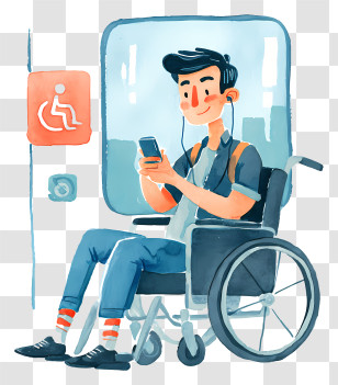 Riding Wheelchair On Public Transport - Young Man In Wheelchair Using Phone Transparent PNG