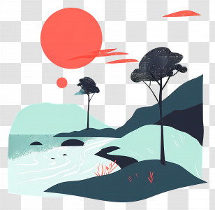 Nature Landscape - Minimalist Coastal Landscape With Trees Transparent PNG