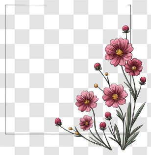 Minimalist Line Art Border - Floral Frame With Pink Flowers Transparent PNG