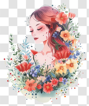 Watercolor Woman And Flowers - Artistic Woman Surrounded By Vibrant Flowers Transparent PNG