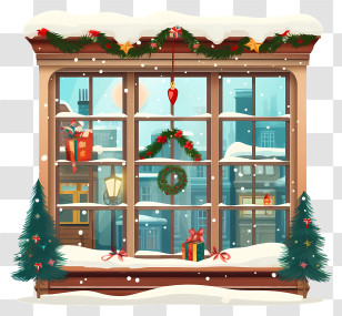 Christmas - Snowy Festive Winter Window With Decorations And Gifts Transparent PNG