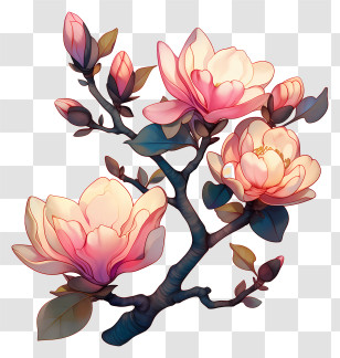 Magnolia Art - Blooming Pink Flowers Transparent PNG