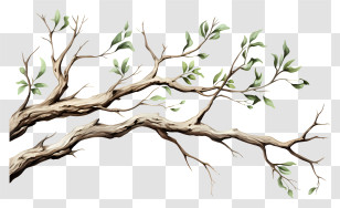 Sketch Style Tree Branch - Illustration Of Tree Branches With Green Leaves Transparent PNG