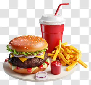 Fast Food - Burger Combo Meal With Fries And Soda Transparent PNG