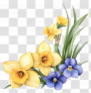 Spring Flower - Daffodils And Violets Bouquet Transparent PNG